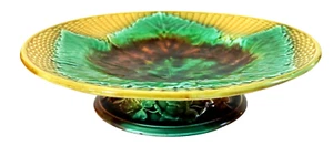 Antique 19c English Majolica Yellow Basketweave W/Mottled Green Leaf Compote - Picture 1 of 14