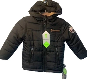 Sz4T NWT FREE COUNTRY Boy Black Puffer Jacket W/Beanie Full Zip Reversible Warm  - Picture 1 of 9