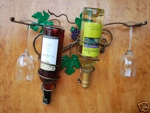 Hand Iron French Vintage GrapeVine Hanging Wine Bottle And Glass Wine Cup Rack - Picture 1 of 6