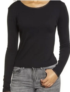 BP. Women's T Shirt Top Stretchy Lace Trim Long Sleeve Black Size XS - Picture 1 of 5