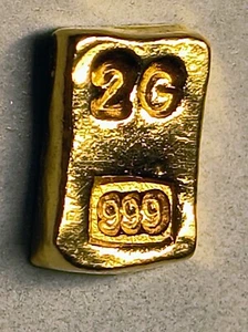 2 Gram Solid 24ct Gold Bar 999.9 Pure Fine Bullion AU Poured Nugget Stamed '999' - Picture 1 of 21