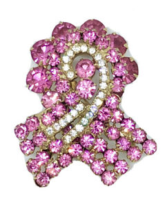 Vtg Breast Cancer Pink Rhinestone Pave Ribbon Brooch Pin