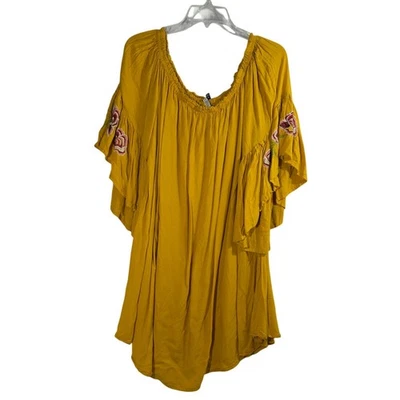 Feathers plus 3x boho peasant rayon aline dress embroidered flowers bell sleeve - Image 1 of 4