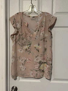 LOFT Top Damen XL Rosa Multi V-Ausschnitt Kurzarm Blumenmuster Strick T-Shirt Guc - Bild 1 von 4