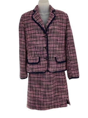 Conjunto de traje falda tweed rosa y negro vintage talla 8 clásico preppy oficina de negocios Foto 1 de 4