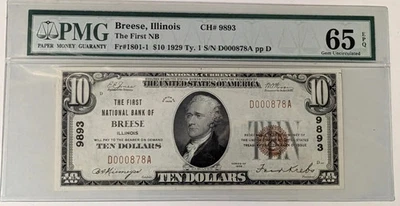 1929 T1 $10 National Bank Note Breese IL Ch #9893 - PMG 65 EPQ - Image 1 of 2