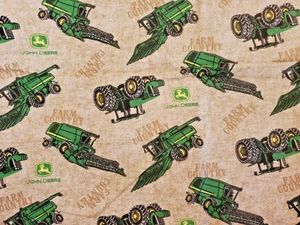 John Deere Cotton Flannel Mottled Background With Scattered  Farm Equipment 1 yd - Picture 1 of 2