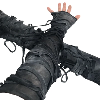 Mummy Bandage Gloves Black Lace Up Arm Warmers Halloween Costume Gray Zombie Psy - Image 1 of 4
