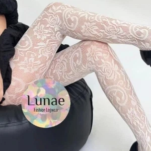 fishnet tights FLORAL lace pattern mesh cream white Y2K mod retro 4-6 XXS - Picture 1 of 3
