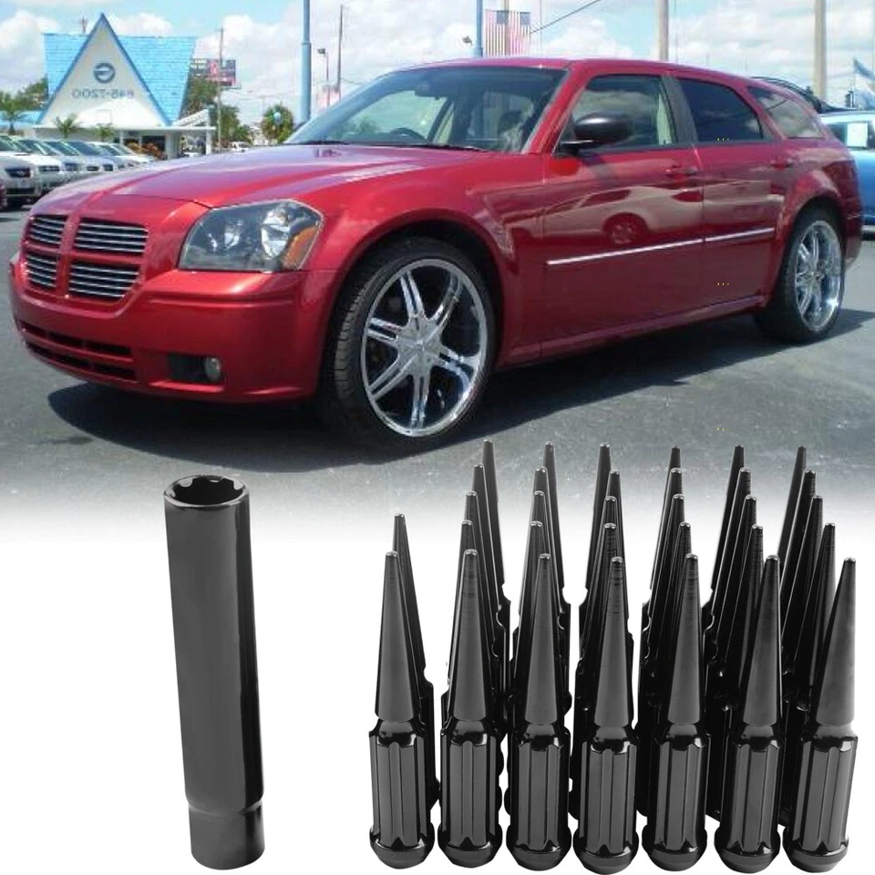 24* Tuercas de clavo negras 14 x 1,5 4,4" de alto y llave para Dodge Magnum SRT 2004-2009 Foto 1 de 4