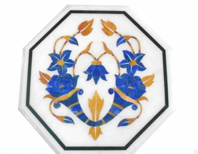 18" White Marble Table Top Lapis Lazuli floral Inlay Semi Precious Stones Work - Image 1 of 4