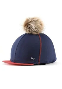 Premier Equine PEI Jersey Hat Silk with faux fur pom pom - navy/red Premier Equi - Picture 1 of 2