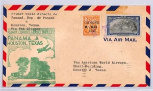PANAMA Air Mail Cover PAN-AM CLIPPER FIRST DIRECT FLIGHT USA Houston 1947 YU73 - Picture 1 of 8