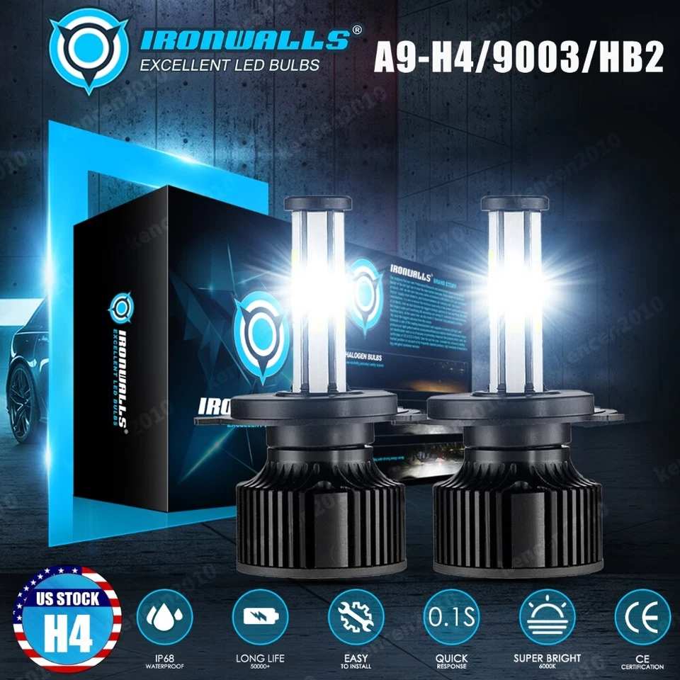 IRONWALLS 6-side 9003 H4 LED Headlight Bulbs Kit 450000LM High Low Beam Super Bright White