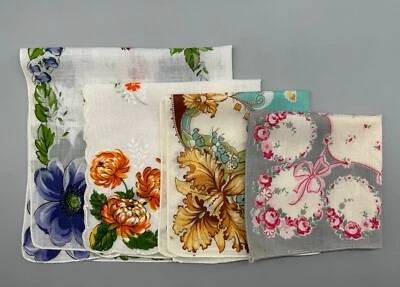 Vintage Handkerchief, Hankie Lot Of 4, Floral, Purple, Orange, Pink, FLAWS - Image 1 of 4
