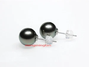 Top REAL ROUND Natural 18K gold 11-12MM SOUTH SEA black PEARL stud EARRINGS - Picture 1 of 6