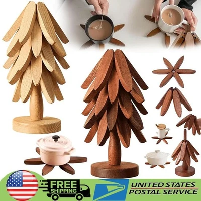 HSTOP AU Wooden Tree Trivet Set Natural Hardwood Coasters With Leaf Texture Foldable