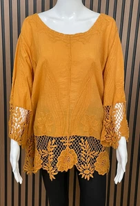 Cato Women's 22/24 Yellow Blouse Top Cotton Tunic Floral Crochet Lace Trim Boho - Picture 1 of 9