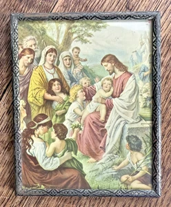 Vintage in Metal Frame Jesus Blessing the Little Children 4 by 5" - Picture 1 of 3