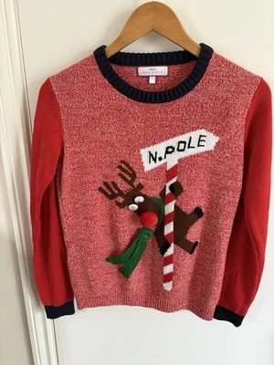 Ladies Next Christmas Jumper Size 6 Knitted Red North Pole 3D Nose VGC - Image 1 of 4