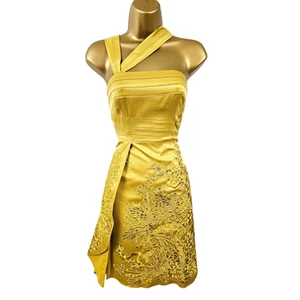 UK 12 KAREN MILLEN Vintage Yellow Mustard Satin Oriental Embroidered Party Dress - Picture 1 of 13