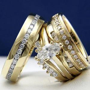 14k Gold tone engagement wedding bridal groom woman's & man's CZ ring 4pc set - Picture 1 of 12