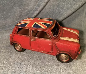 Vintage Retro Red Mini Cooper w/Union Jack Tin Plate Metal Decorative Model - Picture 1 of 8