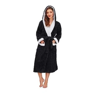 Plush Long Hooded Robes for Women, Soft Fluffy Womens Large-X-Large Black - Picture 1 of 7