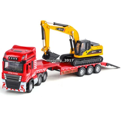 Camión de plataforma plana de juguete con excavadora juego diecast construcción vehículo modelo rojo Foto 1 de 4