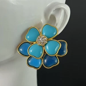 Gripoix Style Flower Earrings Gold Turquoise Blue Resin Pierced Runway Statement - Picture 1 of 9