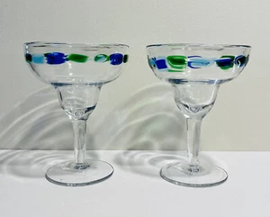 (2) Margarita Glasses Barware Clear w Blue & Green Fused Glass Celebrate Cheers! - Picture 1 of 6