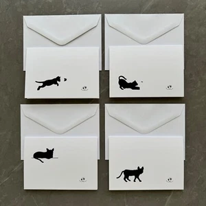 4 Cat Greeting Cards, Black Cat Note Cards, with envelopes, folded blank cards - Picture 1 of 6
