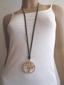 Damen Halskette lang Band Lagenlook Modekette Schwarz Gold XL Lebensbaum Strass - Bild 1 von 5