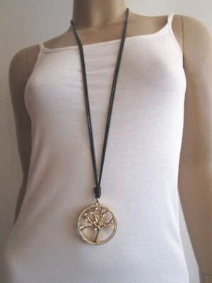 Damen Halskette lang Band Lagenlook Modekette Schwarz Gold XL Lebensbaum Strass - Bild 1 von 4