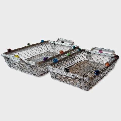 Vintage IHI Woven Silver Aluminum Metal Rectangular Nested Baskets - Lot of 2 Cover