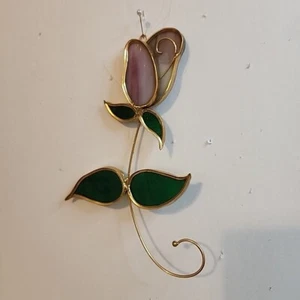 Stained Glass Purple White Green Flower Tulip Sun Catcher Glass Metal 7 In Vtg - Picture 1 of 7