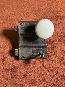 Antique Steel DM & Co. New Haven Rim Gate Lockset, 2 White Porcelain Knobs - Picture 1 of 8