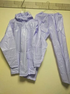 Light gray blue PVC vinyl rainsuit hooded jacket and pants set rainwear - Picture 1 of 20