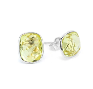 14K White Gold Studs With Cushion Cut Lemon Quartz Gemstones - Picture 1 of 1