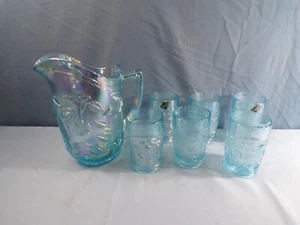 Imperial Robin Light Ice Blue Carnival Glass Water Set - Pitcher 6 Tumblers - Picture 1 of 12
