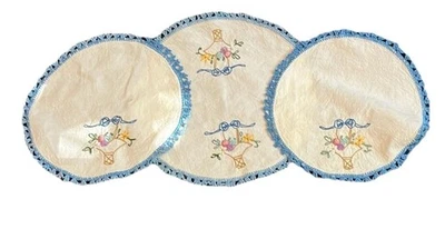 Vintage Hand Embroidery Doiley Set Of 3 Blue & Cream Floral And Basket - Image 1 of 4