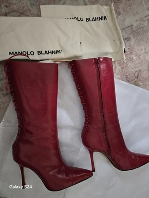 Red Leather MANOLO BLAHNIK LACE UP BOOTS SIZE 39 Perfect Condition - Image 1 of 4