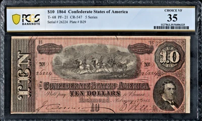 PCGS 35! 1864 CONFEDERATE STATES T-68 10 DOLLARS - Image 1 of 2