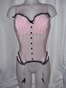 BNWOT Gorgeous Pink black Underwired boned corset basque top Suspenders size 36D - Picture 1 of 3