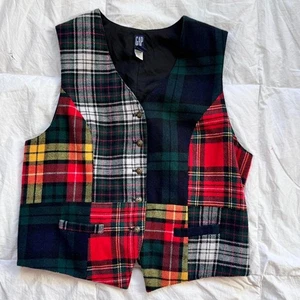 Vintage gap 90s multicolor plaid patchwork wool vest sz L academia artsy fall - Picture 1 of 8