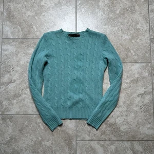 Ralph Lauren Cable Knit Sweater Woman S Turquoise Slim Fit Cashmere *Stains* - Picture 1 of 14