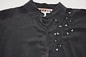 Vintage Silk Top Jordan Size S/M 80s Black Soft Silk Pearl Detail Shoulder Fit - Picture 1 of 10