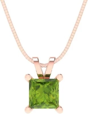 Natural Princess Cut Peridot Solid 14K Rose Gold Solitaire Pendant Without Chain - Image 1 of 4