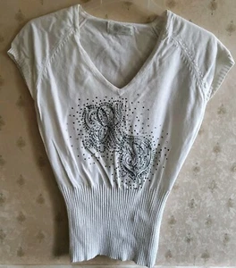 Lovely Women's or Older Girl's White Gem Short Sleeve V Neck T-Shirt Top, size 8 - Picture 1 of 5