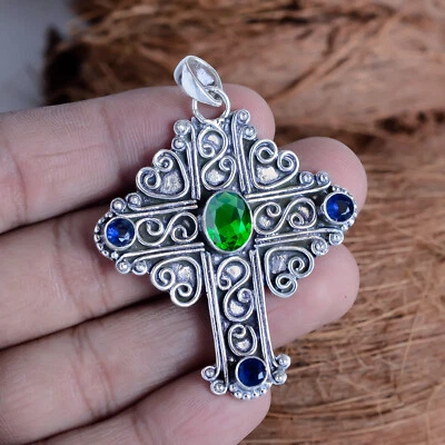 坦桑石和铬透视石十字架 925 纯银最新吊坠 — 第 1/4 张图片